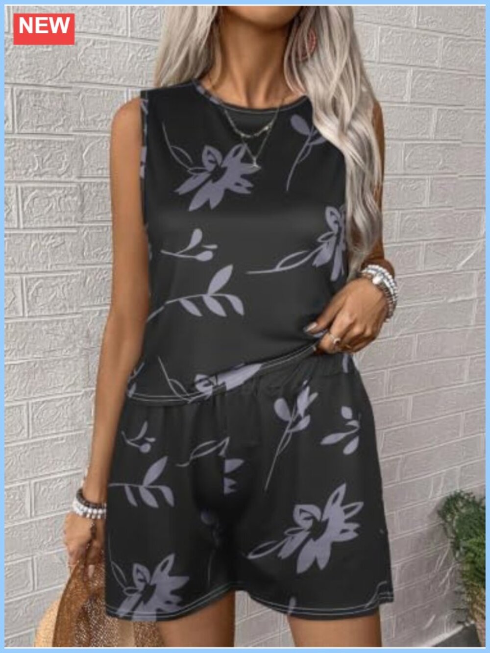 Women Crew Neck Sleeveless Floral Print Tank Short Two Piece Set Summer